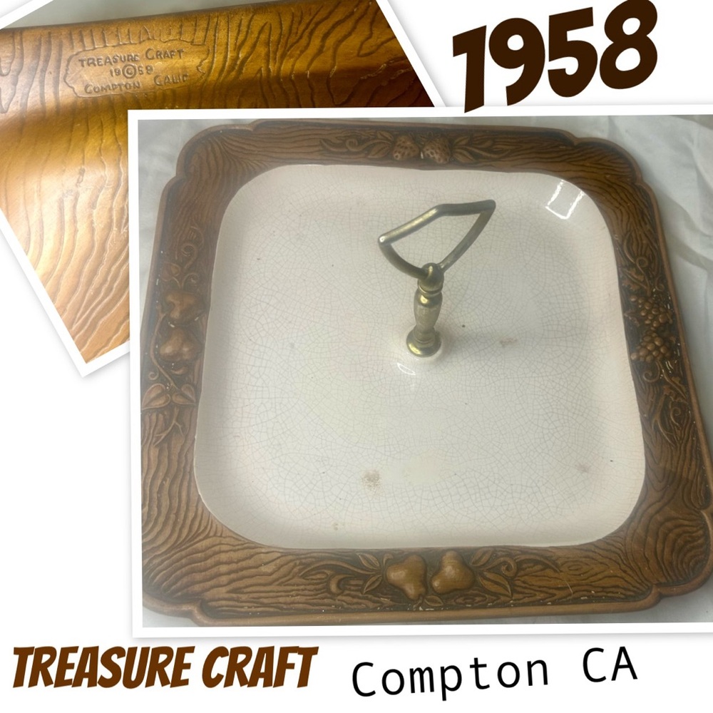 Treasure Craft Vintage Ceramic Serving Tray with Wooden look alike Accents